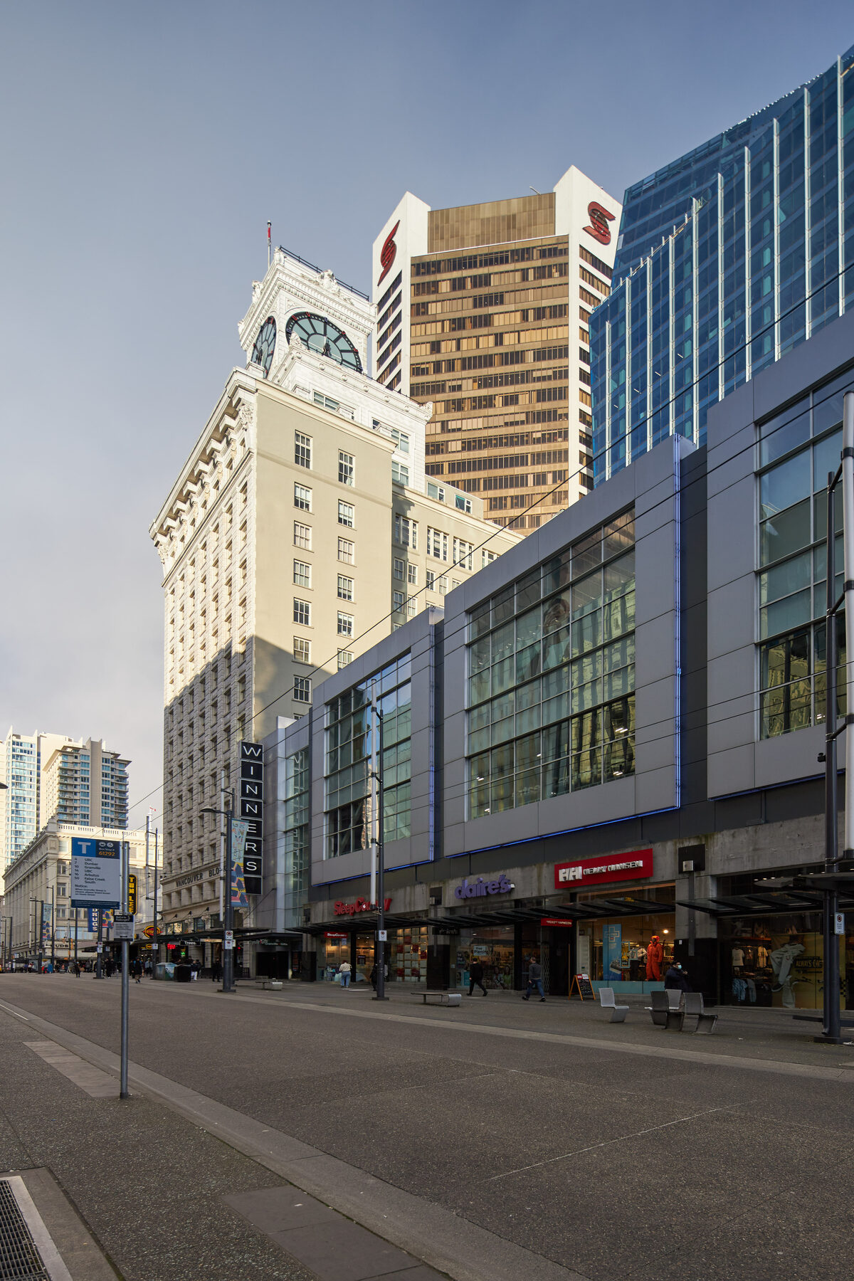 Vancouver Block building viewed from Granville Street showing the full facade and clock tower