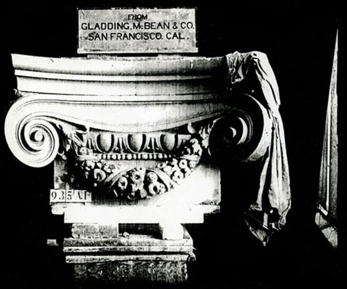 Ionic terracotta capital manufactured by Gladding McBean and Co. of San Francisco for the Vancouver Block